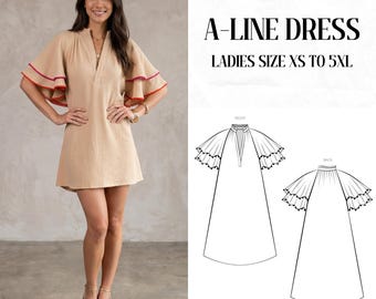 V-Neck Mini A-Line Dress Sewing Pattern, Best Boho Flutter Sleeve Mini Dress Sewing Pattern , Sizes XS to 5XL Instant Download