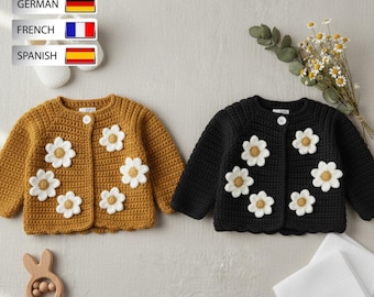 Häkelanleitung für eine Baby-Strickjacke, Gänseblümchen-Pullover (PDF), Häkeljacke für Mädchen, Blumen-Strickjacke, Baby-Pullover-Anleitung, Sofort-Download
