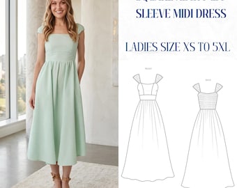Best Square Neck Puff Sleeve Midi Dress Pattern, Cottagecore Dress Sewing Pattern Milkmaid Dress PDF, A Line Summer Dress, XS-5XL Download