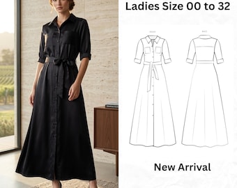 Best Shirt Dress Sewing Pattern PDF, Button Front Maxi Dress Pattern, Tie Waist Belted Collared Dress, Women A Line Dress, Instant Download