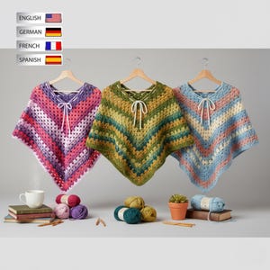 Best Granny Stitch Crochet Poncho Pattern PDF For 8 -10 Year Girl Easy Boho Triangle Shawl Poncho Beginner Friendly Crochet Pattern Download