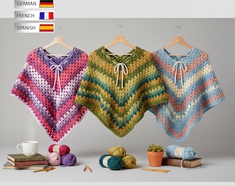 Best Granny Stitch Crochet Poncho Pattern PDF For 8 -10 Year Girl Easy Boho Triangle Shawl Poncho Beginner Friendly Crochet Pattern Download