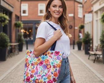 Easy Floral Tote Bag Pattern PDF, Best Sewing Pattern, Seamless Flower Fabric Design, Beginner Friendly DIY Shopper Tote, Digital Download