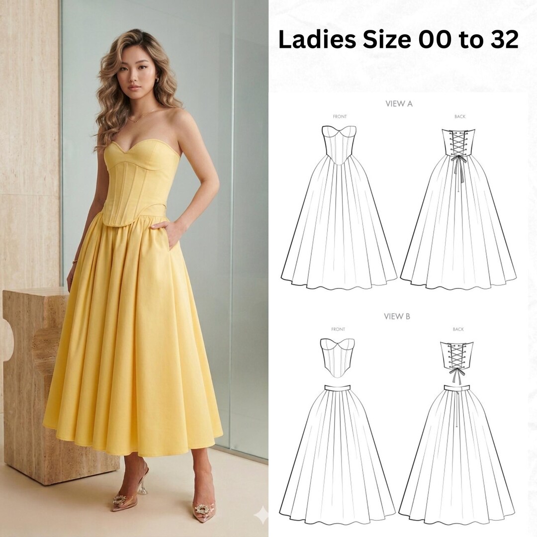 Strapless Midi Corset Dress Sewing Pattern PDF Bustier Tea Length Fit ...