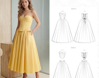 Strapless Midi Corset Dress Sewing Pattern PDF Bustier Tea Length Fit and Flare Dress Prom Evening Bridesmaid Dress Pattern Digital Download