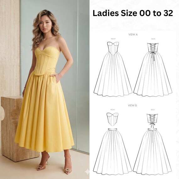 Strapless Midi Corset Dress Sewing Pattern PDF Bustier Tea Length Fit and Flare Dress Prom Evening Bridesmaid Dress Pattern Digital Download
