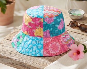 Easy Reversible Patchwork Bucket Hat Sewing Pattern PDF, DIY Summer Sun Hat , Beginner Friendly Boho Scrap Fabric Hat Instant Download