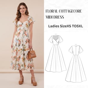 Puede incluir: Un vestido midi floral blanco con escote corazón y mangas con volantes. El vestido tiene una cintura entallada y una falda fluida. La imagen también incluye un bolso marrón y tacones de plataforma. El texto en la imagen dice: "FLORAL COTTAGECORE MIDI DRESS Ladies Size XS TO 5XL."