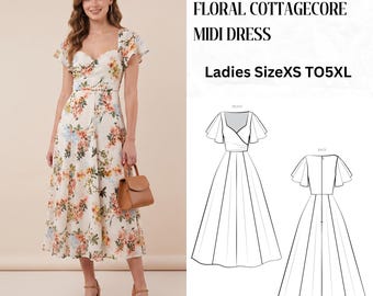 Best Floral Cottagecore Midi Dress Sewing Pattern, Vintage Tea Dress Pattern, Square Neck Flutter Sleeve Dress Boho Summer Dress PDF Pattern