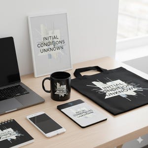 Arte de física minimalista: Impresión digital "Condiciones Iniciales Desconocidas" para decoración de oficinas modernas.