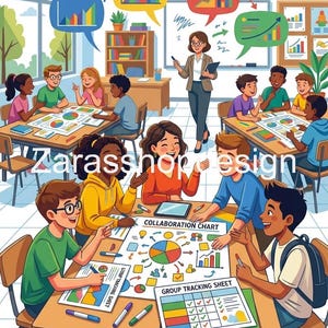 Op de afbeelding: Illustratie van een klaslokaal met leerlingen die samenwerken aan grafieken. Een leraar staat voor de klas. De grafieken bevatten de woorden "Collaboration Chart" en "Group Tracking Sheet". Kleurrijke tekstballonnen met grafieken staan op de achtergrond.