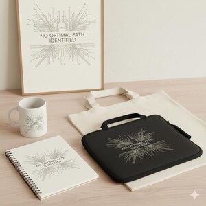 Peut inclure: Ensemble d'articles avec un motif de circuit imprimé et le texte "NO OPTIMAL PATH IDENTIFIED". Comprend une affiche encadrée, une tasse, un carnet, un sac fourre-tout et une housse d'ordinateur portable noire. Le design est en nuances de gris.
