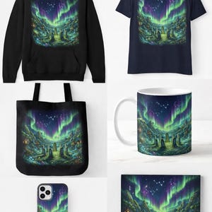 May include: Various items displaying an aurora borealis illustration. The products include a black hoodie, navy t-shirt, tote bag, coffee mug, and phone case. The design features green and purple lights over a landscape.
