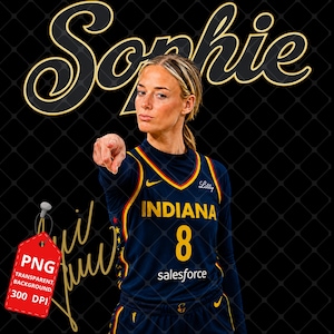 May include: A digital graphic featuring a basketball player in a navy blue Indiana jersey with the number 8, the name Sophie in large script above, and a red tag in the corner labeled PNG, TRANSPARENT BACKGROUND, 300 DPI on a black grid background.