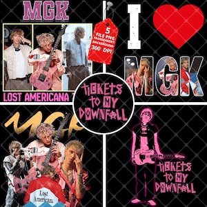 May include: A collage featuring images of a musician with a pink guitar, the text "MGK," and the phrase "Tickets to My Downfall." The design includes a red heart and the words "Lost Americana."
