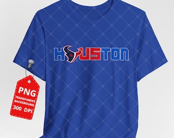 May include: A royal blue short-sleeve t-shirt featuring the text HOUSTON in block letters with a stylized bull head logo replacing the letter O. A red tag is attached to the shirt with the text PNG, TRANSPARENT BACKGROUND, 300 DPI.