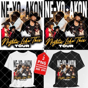 Puede incluir: Dos camisetas, una blanca y otra negra, con un diseño gráfico que muestra el texto "NE-YO AKON" y "Nights Like This TOUR". El diseño incluye imágenes de varias personas. Una etiqueta roja indica un PNG con fondo transparente y 300 DPI.