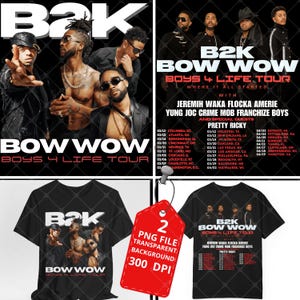 Może przedstawiać: Czarne koszulki z trasą B2K Bow Wow Boys 4 Life Tour. Koszulki przedstawiają grupę mężczyzn i szczegóły trasy. Czerwona etykieta wskazuje dwa pliki PNG z przezroczystym tłem i 300 DPI.