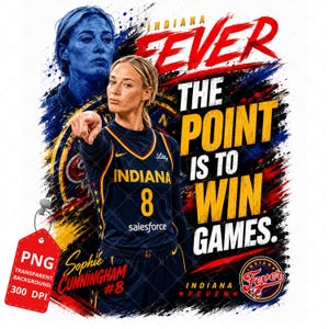 Può includere: Una grafica digitale che ritrae la cestista Sophie Cunningham con una maglia blu navy degli Indiana Fever con il numero 8. Il design include il testo INDIANA FEVER, THE POINT IS TO WIN GAMES e un'etichetta rossa PNG trasparente.