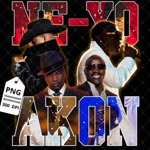 Puede incluir: Un gráfico digital con el texto "NE-YO AKON" en letras en negrita y estilizadas. La imagen muestra múltiples retratos de hombres, con una etiqueta de fondo transparente que dice "PNG TRANSPARENT BACKGROUND 300 DPI".