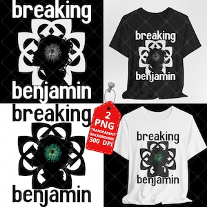 Puede incluir: Camisetas negras y blancas con el texto "breaking benjamin" y un diseño gráfico. El diseño presenta una silueta dentro de una forma floral. Una camiseta es negra, la otra es blanca.