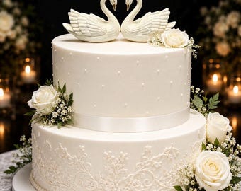 May include: A two-tier white cake decorated with a pair of white swan figurines on top. The top tier features small white pearl accents, while the bottom tier has intricate white floral piping and a base border of white pearls, adorned with white roses.