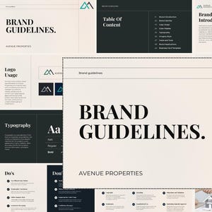 May include: A brand guidelines document for Avenue Properties featuring a beige background with black text. The document includes sections for brand identity, logo usage, typography, and business card templates, all marked with a teal and black logo.