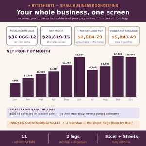 Può includere: Una dashboard di contabilità digitale intitolata Bytesheets Small Business Bookkeeping. Mostra dati finanziari tra cui reddito totale, utile netto, accantonamenti fiscali e compenso del titolare, con un grafico a barre dell'utile netto mensile da gennaio a ottobre.