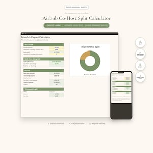 May include: An Airbnb Co-Host Split Calculator digital spreadsheet tool for Excel and Google Sheets. The interface displays a monthly payout calculator, a donut chart for split revenue, and a mobile view showing a co-host payout statement.