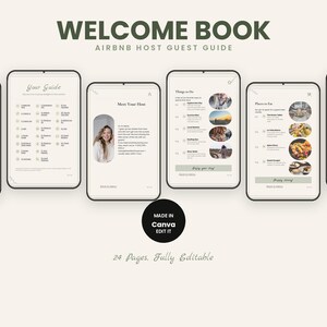 May include: A digital welcome book template for Airbnb hosts featuring 24 fully editable pages. The layout includes sections for a host introduction, local activities, and dining recommendations, all presented in a clean, modern, and organized format.