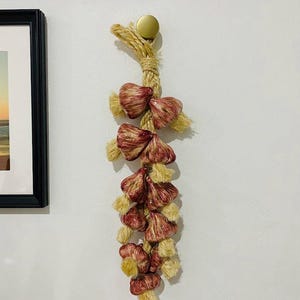 Puede incluir: Un colgante de pared decorativo con un racimo de bulbos de ajo falsos. Los bulbos son una mezcla de colores rojo y crema, con una apariencia texturizada y rústica. El ajo está unido a una cuerda tejida y suspendido de un gancho dorado.