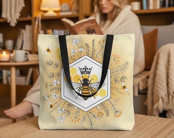 Queen Bee Tote Bag, Beekeeper Gift, Farmers Market Bag, Insect Bag, Bug Tote Bag, Floral Cloth Bag, Reusable Grocery Bag, Cloth Shoulder Bag