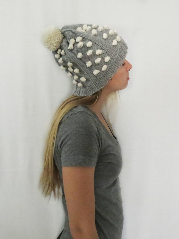 Items similar to Knitted Grey & White Bobble Cap on Etsy