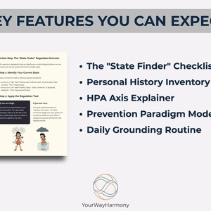 Pu&ograve; includere: Grafica con il testo "CARATTERISTICHE CHIAVE CHE PUOI ASPETTARTI" in alto. L'immagine elenca funzionalit&agrave; tra cui "La checklist "State Finder"", "Inventario della storia personale" e "Routine di radicamento quotidiana". Il logo YourWayHarmony &egrave; in basso.