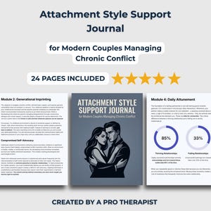 May include: A journal titled "Attachment Style Support Journal" for modern couples managing chronic conflict. The cover features a couple embracing. The journal includes 24 pages and is created by a pro therapist.