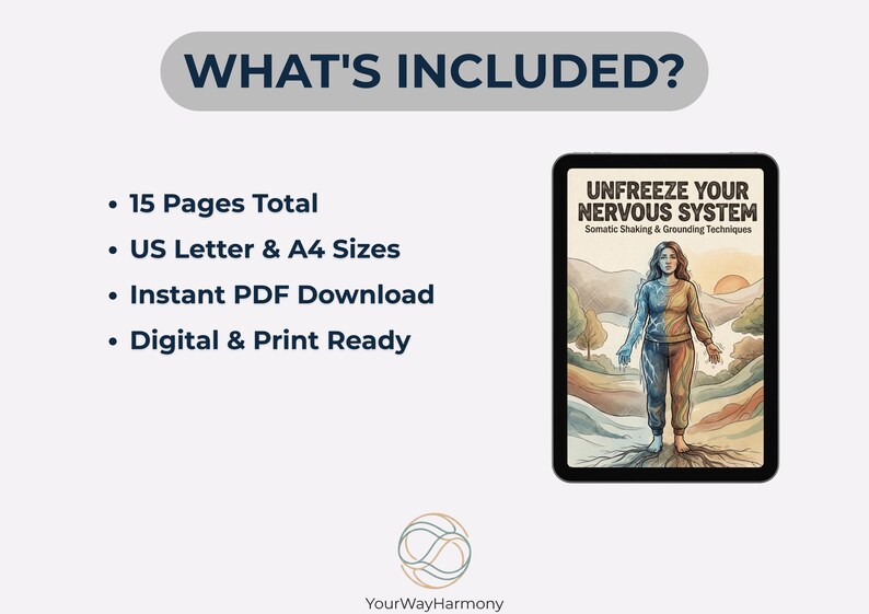Pu&ograve; includere: Download digitale intitolato "Unfreeze Your Nervous System" con un'illustrazione ad acquerello di una persona. Include 15 pagine, formati A4, ed &egrave; pronto per la stampa digitale.
