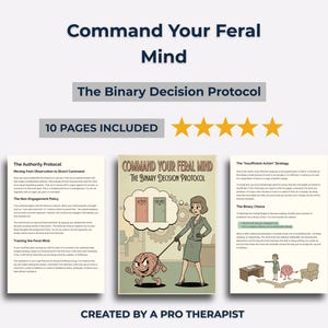 May include: An illustrated guide titled "Command Your Feral Mind: The Binary Decision Protocol." The cover art features a woman holding a leash attached to a brain. The guide includes 10 pages and is created by a pro therapist.