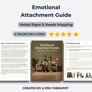 May include: An "Emotional Attachment Guide" with the text "Verbal Signs & Needs Mapping" is displayed. The guide includes 6 pages and is created by a pro therapist. The cover features a couple reading.