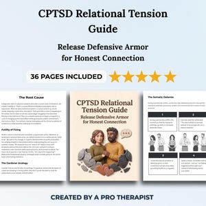 Może przedstawiać: 36-stronicowy przewodnik CPTSD Relational Tension Guide zatytułowany Release Defensive Armor for Honest Connection. Okładka zawiera ilustrację 3D przedstawiającą dwie osoby wyłaniające się z pękniętych szarych kamiennych skorup.