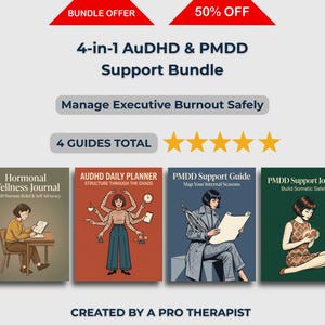 Könnte beinhalten: Ein 4-in-1 AuDHD & PMDD Support Bundle mit vier Ratgebern. Das Bundle enthält ein Hormonelles Wellness Journal, einen AuDHD Daily Planner, einen PMDD Support Guide und ein PMDD Support Journal. Der Text lautet: "Manage Executive Burnout Safely".