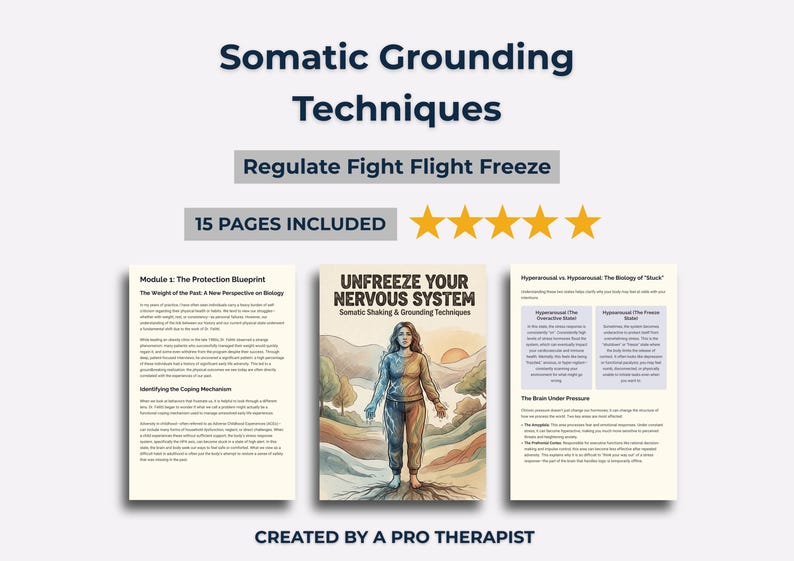 Pu&ograve; includere: Un prodotto digitale intitolato "Somatic Grounding Techniques" con il sottotitolo "Regulate Fight Flight Freeze". La copertina presenta una donna con un design bicolore. Il prodotto include 15 pagine ed &egrave; creato da un terapista professionista.