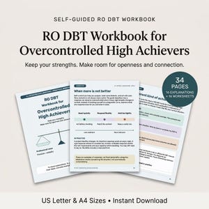 Könnte beinhalten: Ein selbstgeführtes RO DBT-Arbeitsbuch für überkontrollierte Leistungsträger mit 34 Seiten, 16 Erklärungen und 16 Arbeitsblättern. Das Dokument enthält Text, Diagramme und eine Waagengrafik, verfügbar in US Letter- und A4-Formaten zum Download.