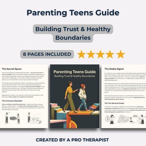 Pode incluir: Um guia para pais intitulado "Parenting Teens Guide: Building Trust & Healthy Boundaries" com o texto "8 PAGES INCLUDED". O guia apresenta ilustrações e é criado por um terapeuta profissional. A capa mostra duas pessoas subindo escadas.