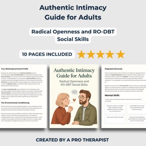 Op de afbeelding: Een digitale gids van 10 pagina's getiteld Authentic Intimacy Guide for Adults: Radical Openness and RO-DBT Social Skills. Het document bevat tekst over biotemperamentele profielen, omgevingsconditionering en vermomde eisen, met een illustratie van twee personen.