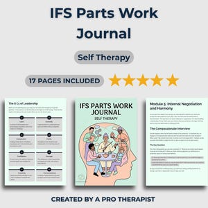 May include: An illustrated journal titled "IFS Parts Work Journal" with the subtitle "Self Therapy." The cover features a colourful illustration of people around a table inside a head silhouette. The journal includes 17 pages and is "created by a pro therapist."