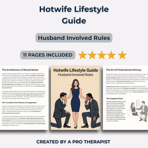 Puede incluir: Una guía titulada "Hotwife Lifestyle Guide: Husband Involved Rules" con 11 páginas incluidas. La portada presenta a una mujer con un vestido azul con dos hombres arrodillados besándole la mano. El texto "CREATED BY A PRO THERAPIST" está en la parte inferior.