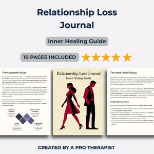 Può includere: Un diario intitolato "Relationship Loss Journal" con il sottotitolo "Inner Healing Guide". La copertina presenta un'illustrazione stilizzata di una donna che si allontana da un uomo. È visibile anche il testo "10 PAGES INCLUDED".