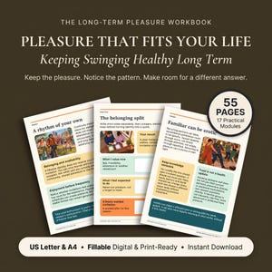 Könnte beinhalten: Ein Arbeitsbuch mit dem Titel The Long-Term Pleasure Workbook: Pleasure That Fits Your Life, Keeping Swinging Healthy Long Term. Es enthält 55 Seiten mit 17 praktischen Modulen, inklusive Text, Illustrationen und ausfüllbaren Abschnitten.