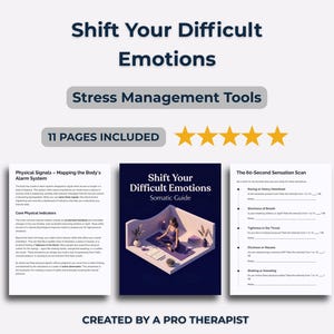 Puede incluir: Una guía digital titulada "Shift Your Difficult Emotions" con el subtítulo "Stress Management Tools". La portada presenta a una mujer meditando. La guía incluye 11 páginas y está creada por un terapeuta profesional.