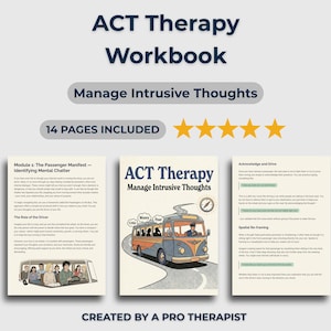 Puede incluir: Un Cuaderno de trabajo de Terapia ACT con el título "Gestionar los pensamientos intrusivos". La portada presenta una ilustración de un autobús. El cuaderno de trabajo incluye 14 páginas y está creado por un terapeuta profesional.